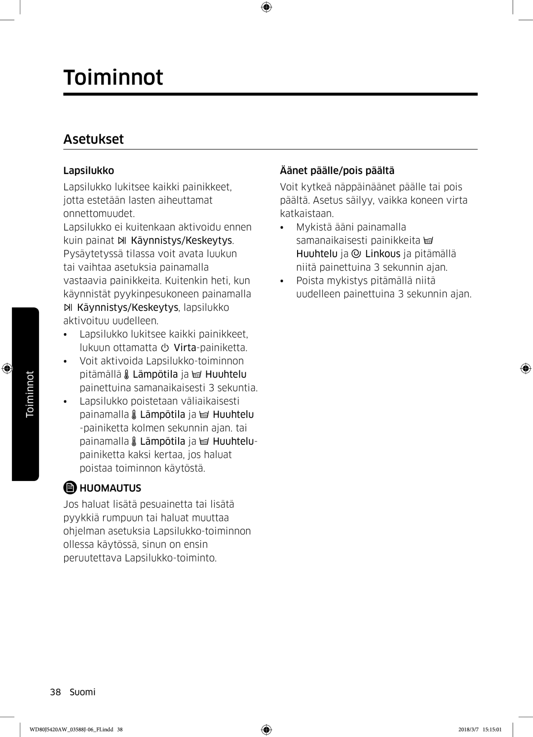 Samsung WD80J5420AW/EE manual Asetukset, Huomautus 