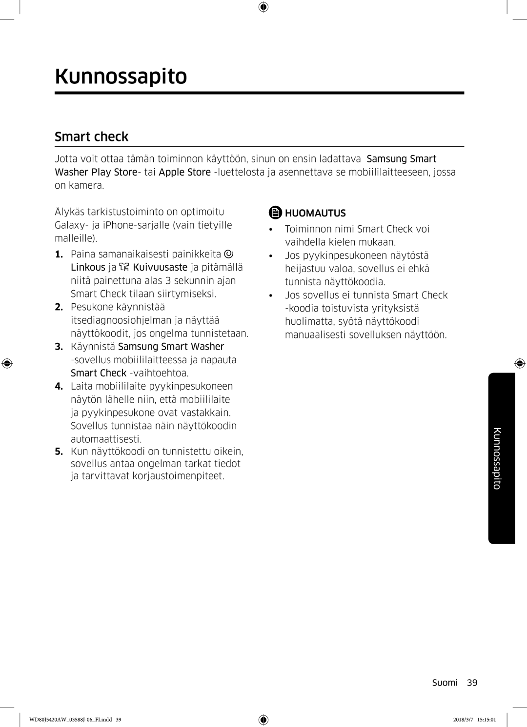 Samsung WD80J5420AW/EE manual Kunnossapito, Smart check 