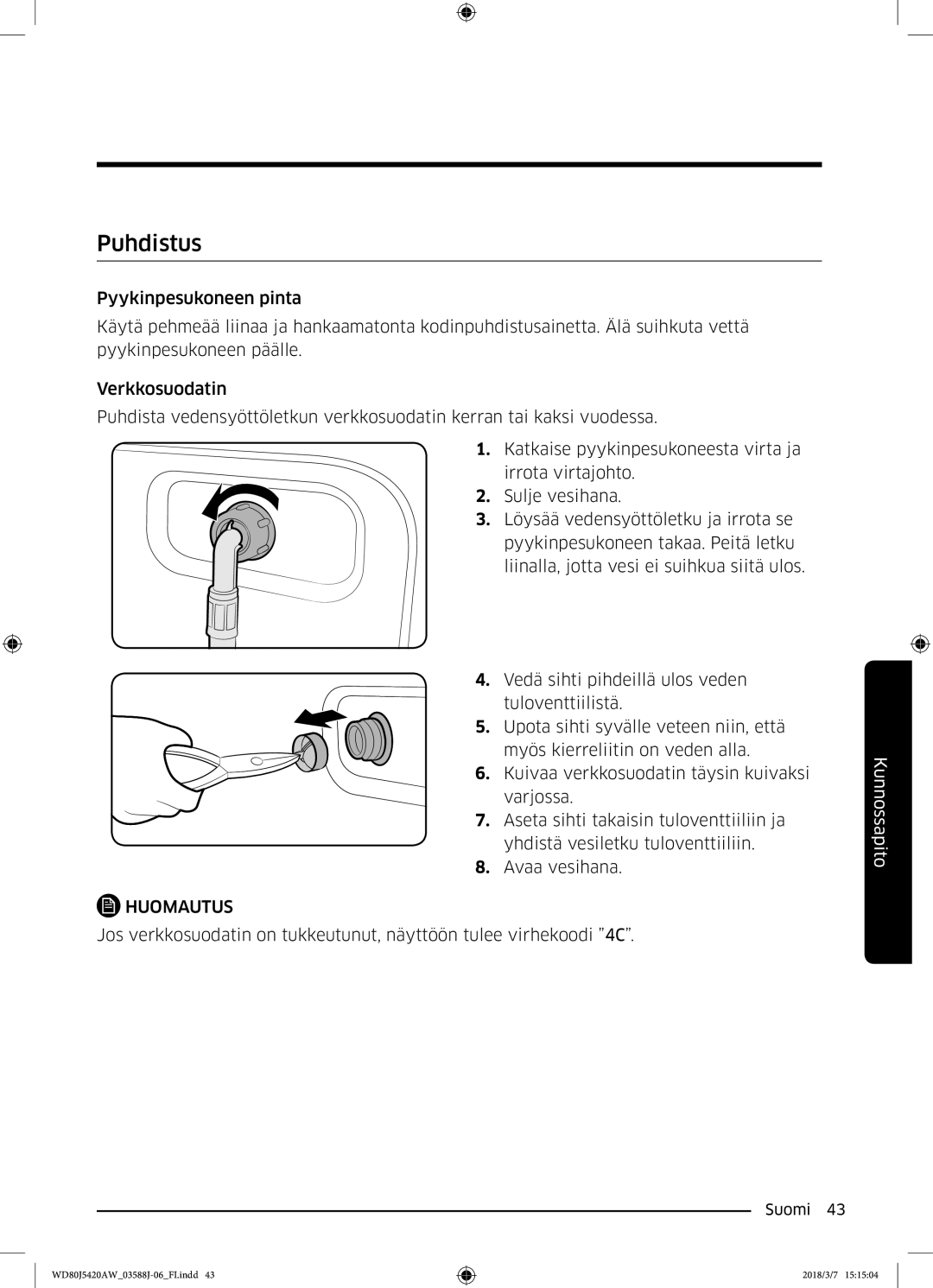 Samsung WD80J5420AW/EE manual Puhdistus 