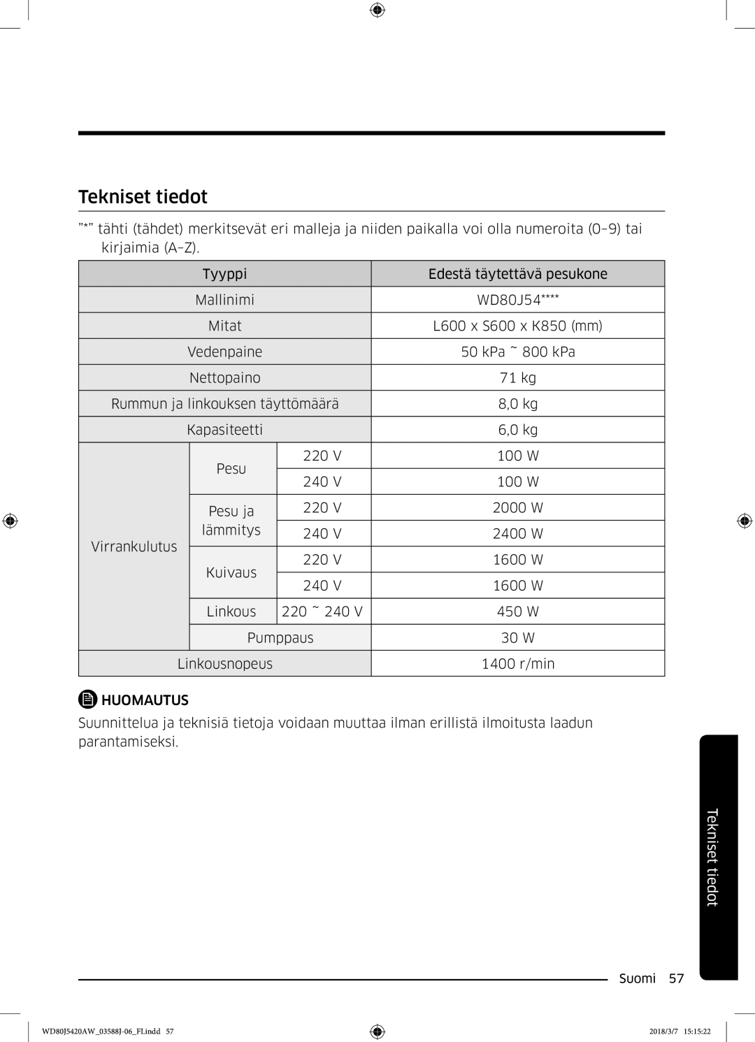 Samsung WD80J5420AW/EE manual Tekniset tiedot, Huomautus 