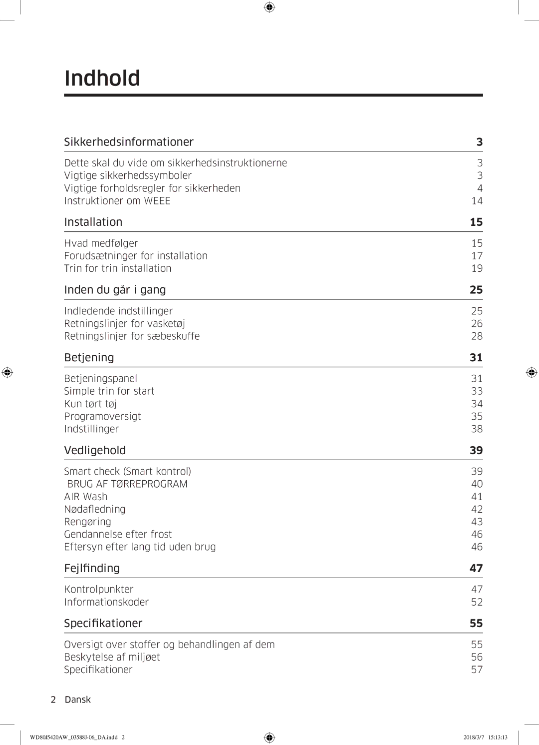 Samsung WD80J5420AW/EE manual Indhold, Brug AF Tørreprogram 