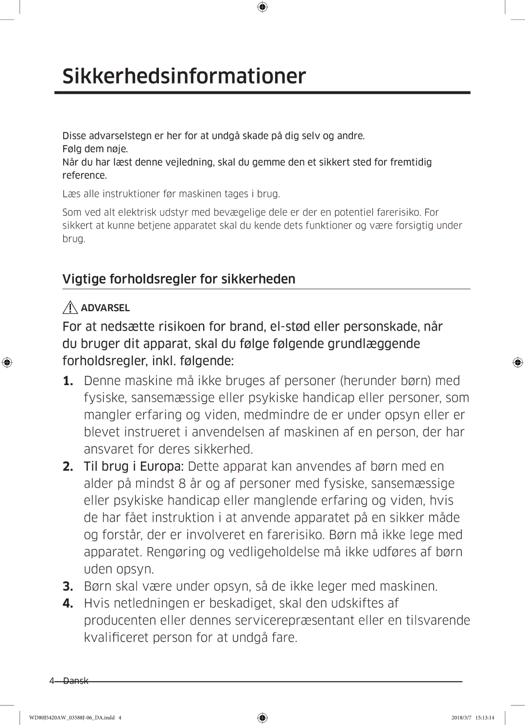 Samsung WD80J5420AW/EE manual Sikkerhedsinformationer 