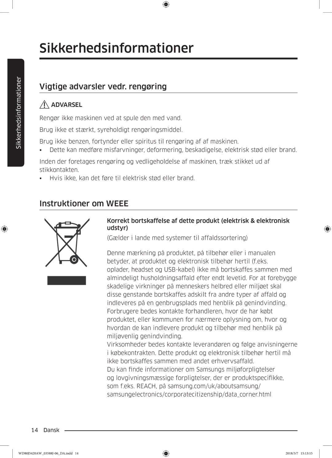 Samsung WD80J5420AW/EE manual Vigtige advarsler vedr. rengøring, Instruktioner om Weee 