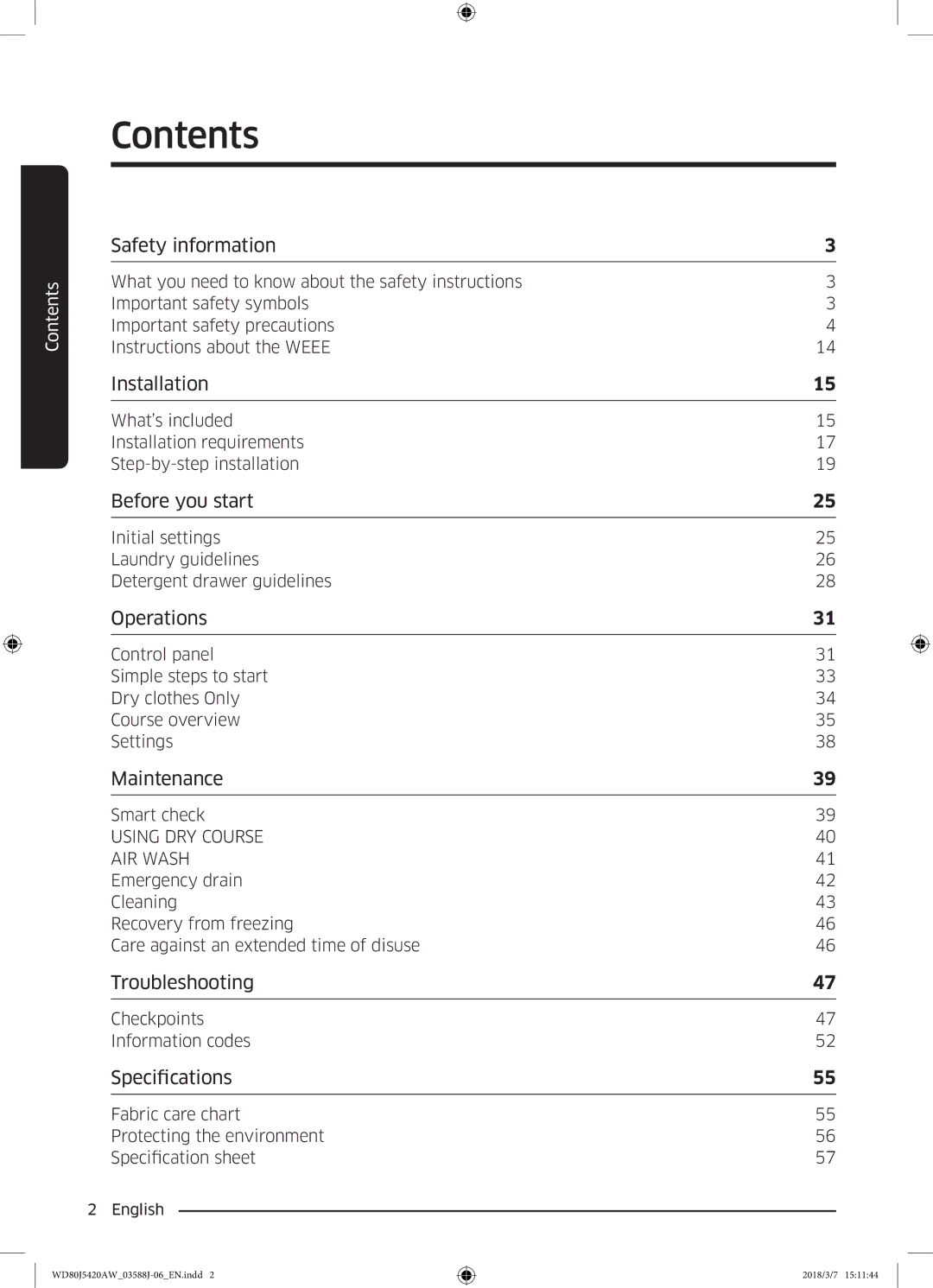 Samsung WD80J5420AW/EE manual Contents 