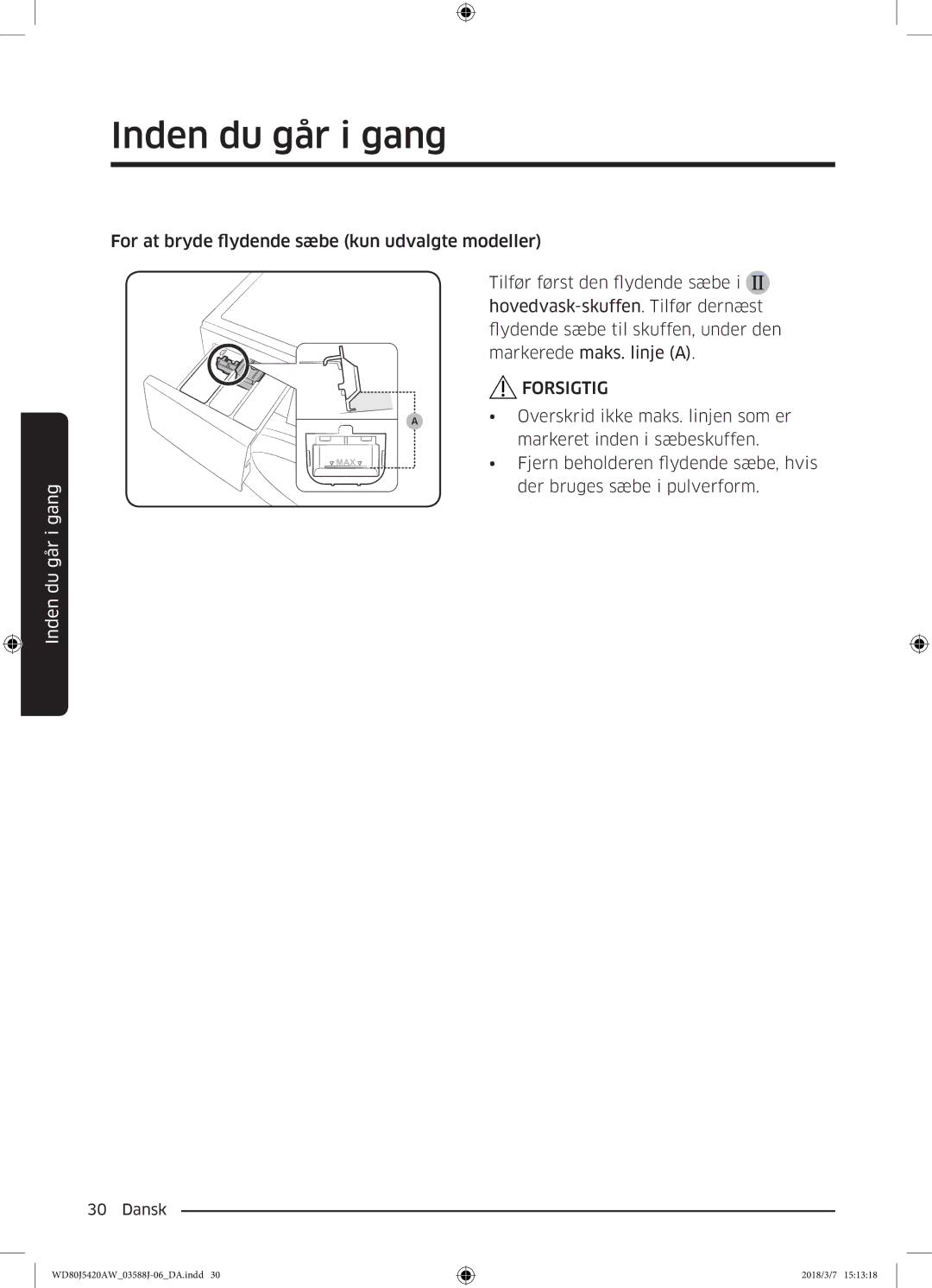 Samsung WD80J5420AW/EE manual Overskrid ikke maks. linjen som er 