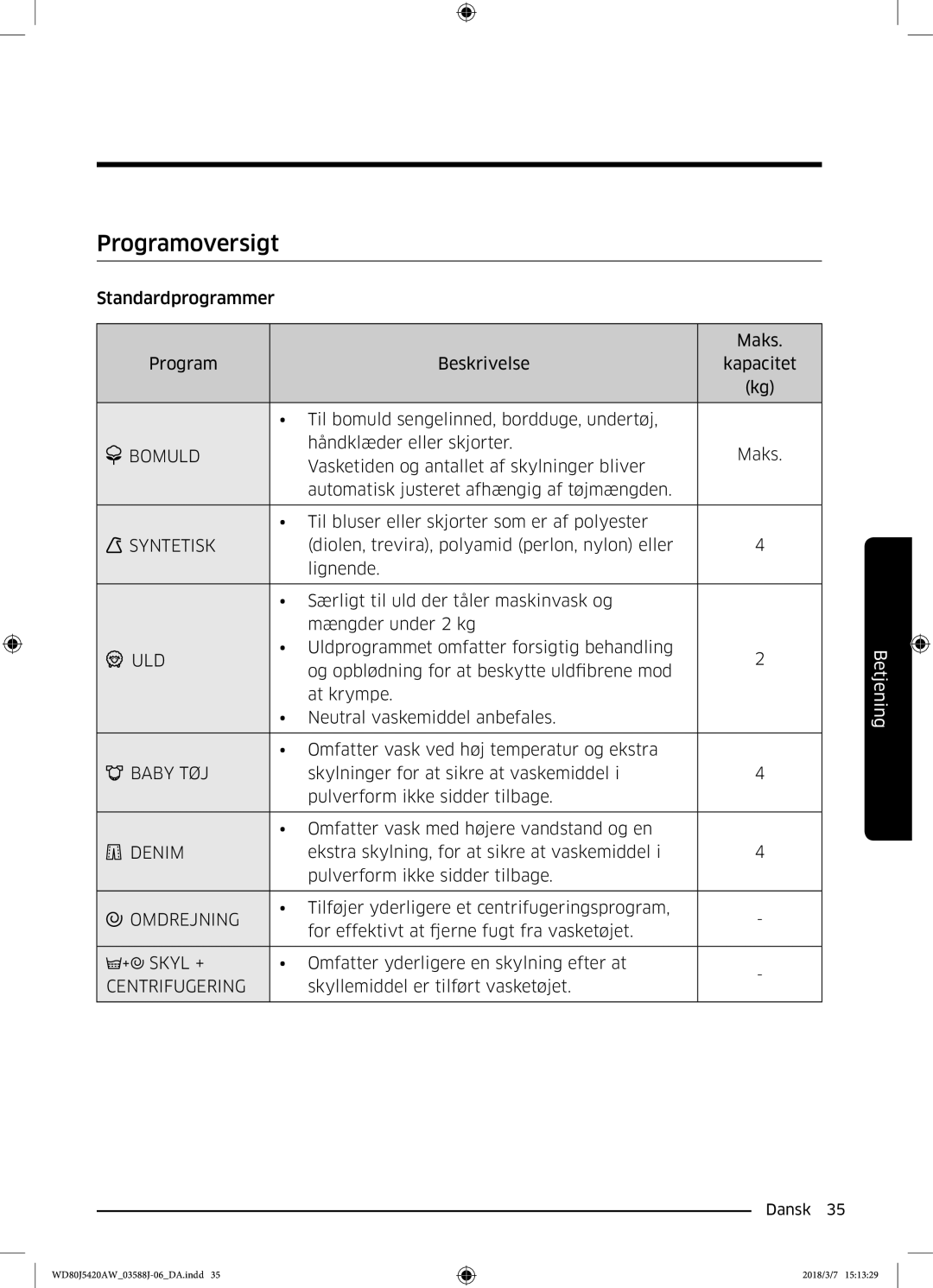 Samsung WD80J5420AW/EE manual Programoversigt 