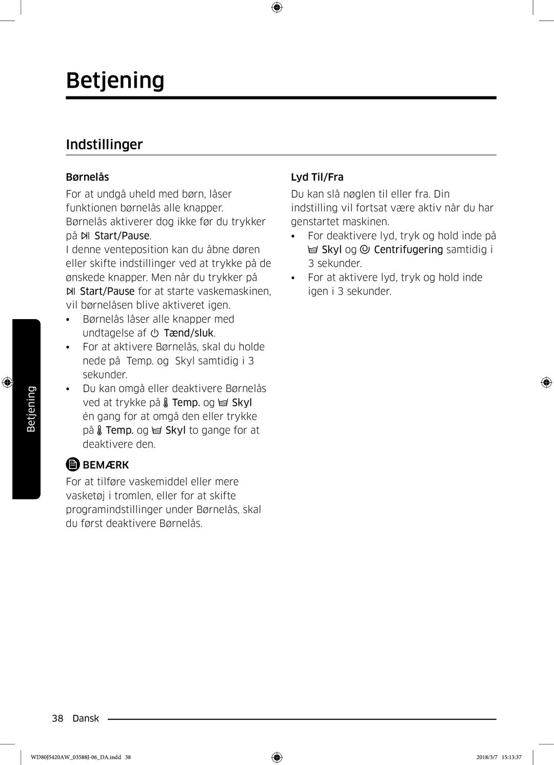 Samsung WD80J5420AW/EE manual Indstillinger, Bemærk 