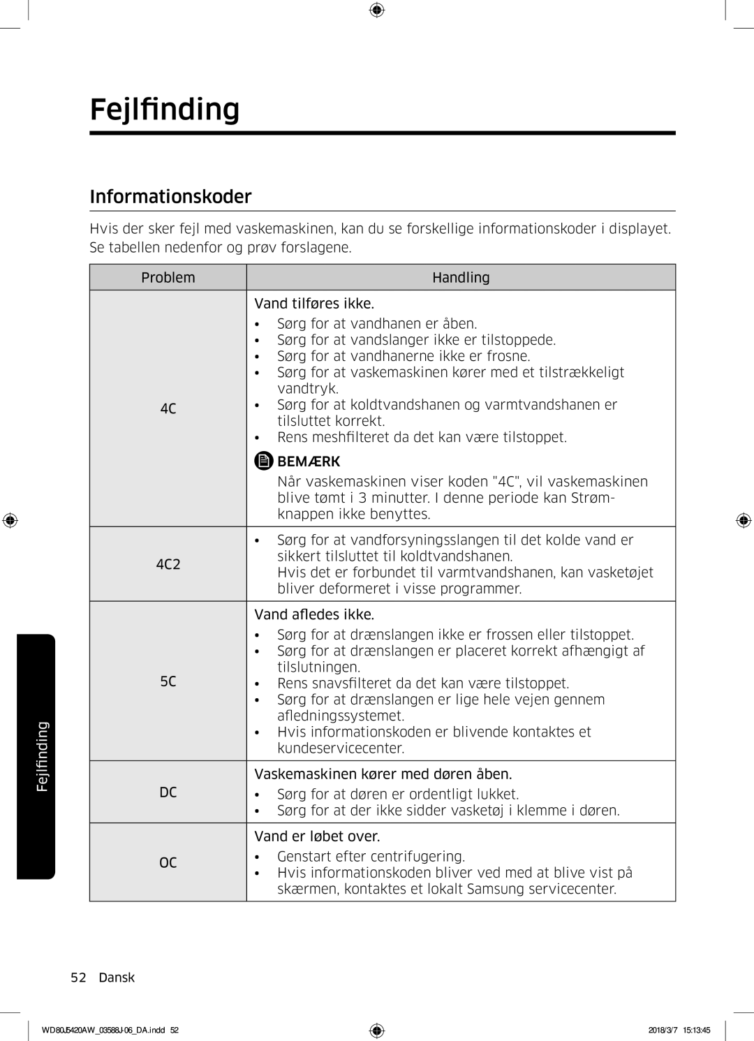 Samsung WD80J5420AW/EE manual Når vaskemaskinen viser koden 4C, vil vaskemaskinen 