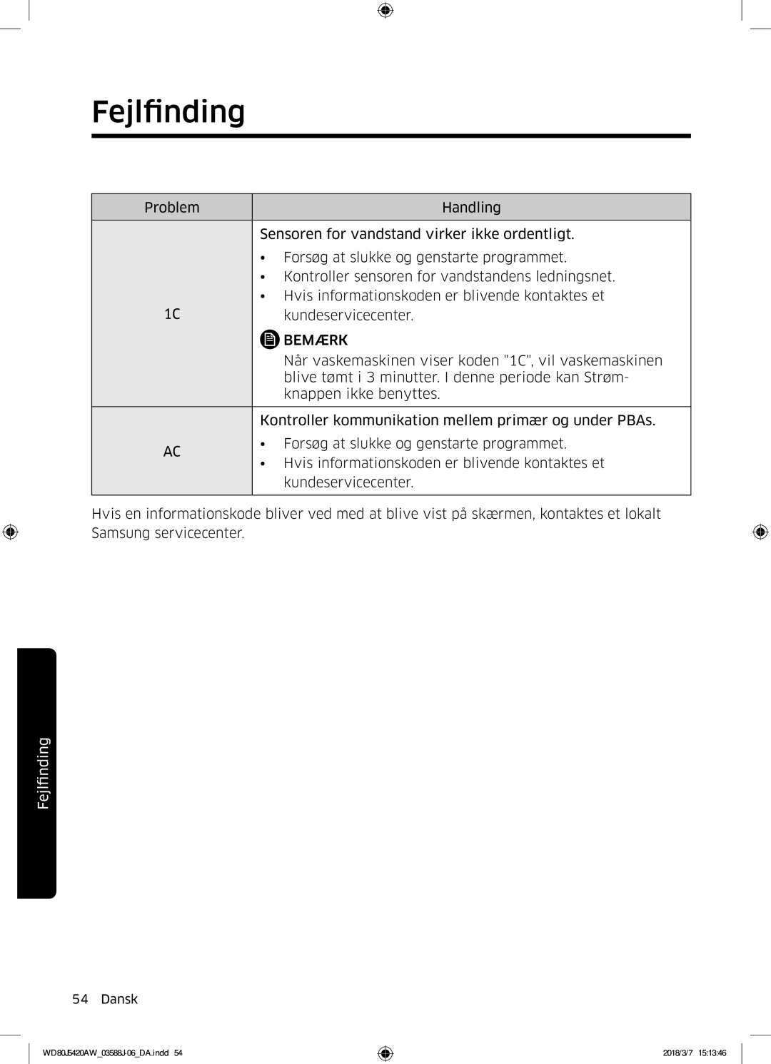 Samsung WD80J5420AW/EE manual Når vaskemaskinen viser koden 1C, vil vaskemaskinen 