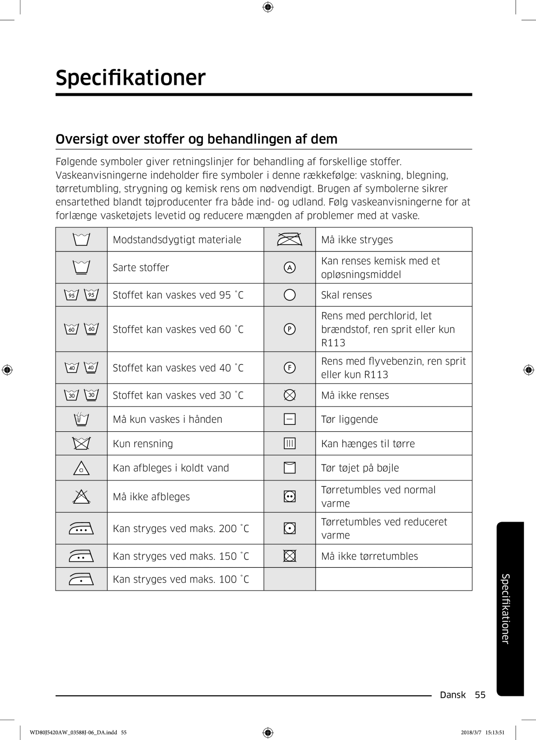 Samsung WD80J5420AW/EE manual Specifikationer, Oversigt over stoffer og behandlingen af dem 