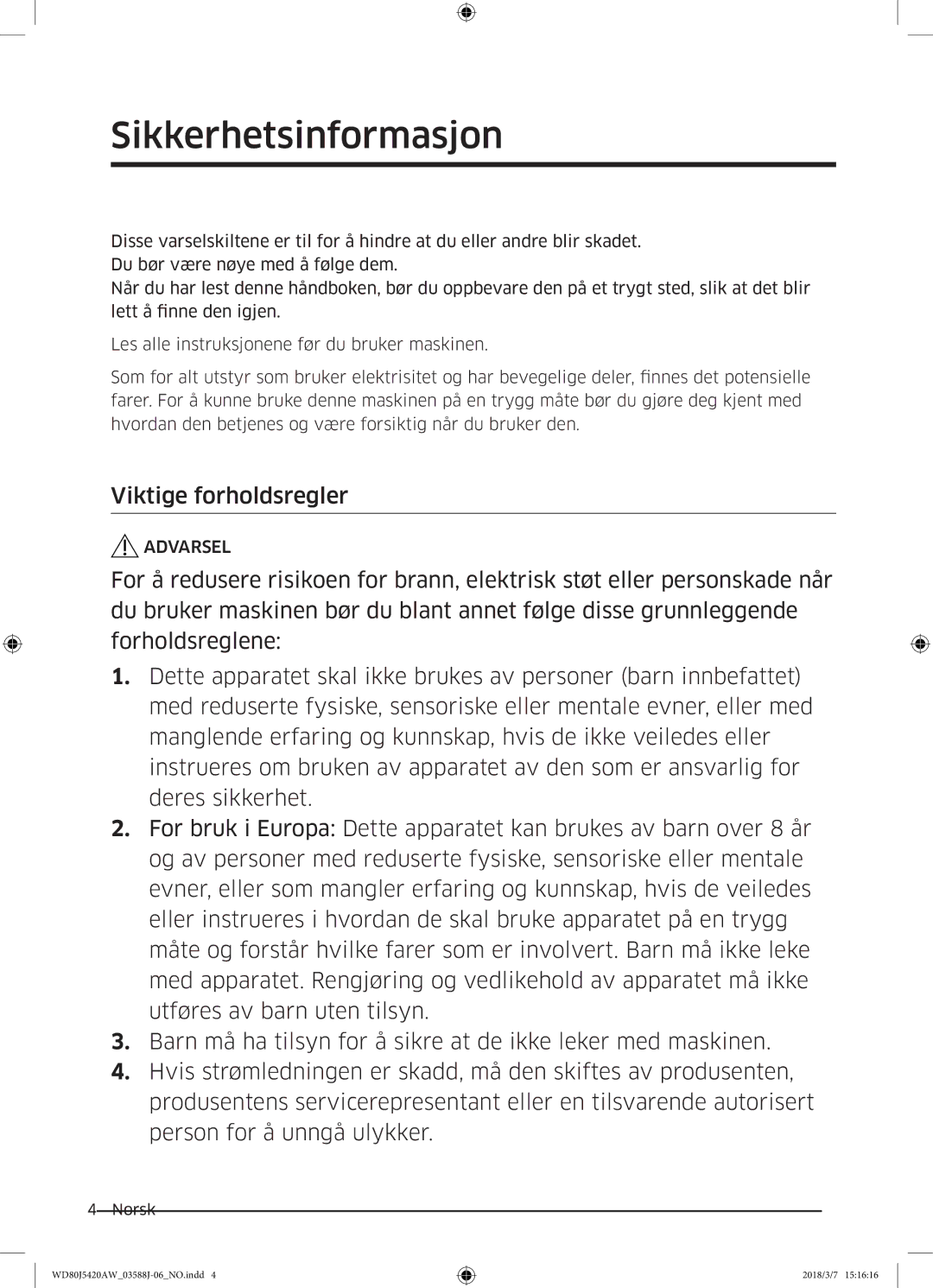 Samsung WD80J5420AW/EE manual Sikkerhetsinformasjon 