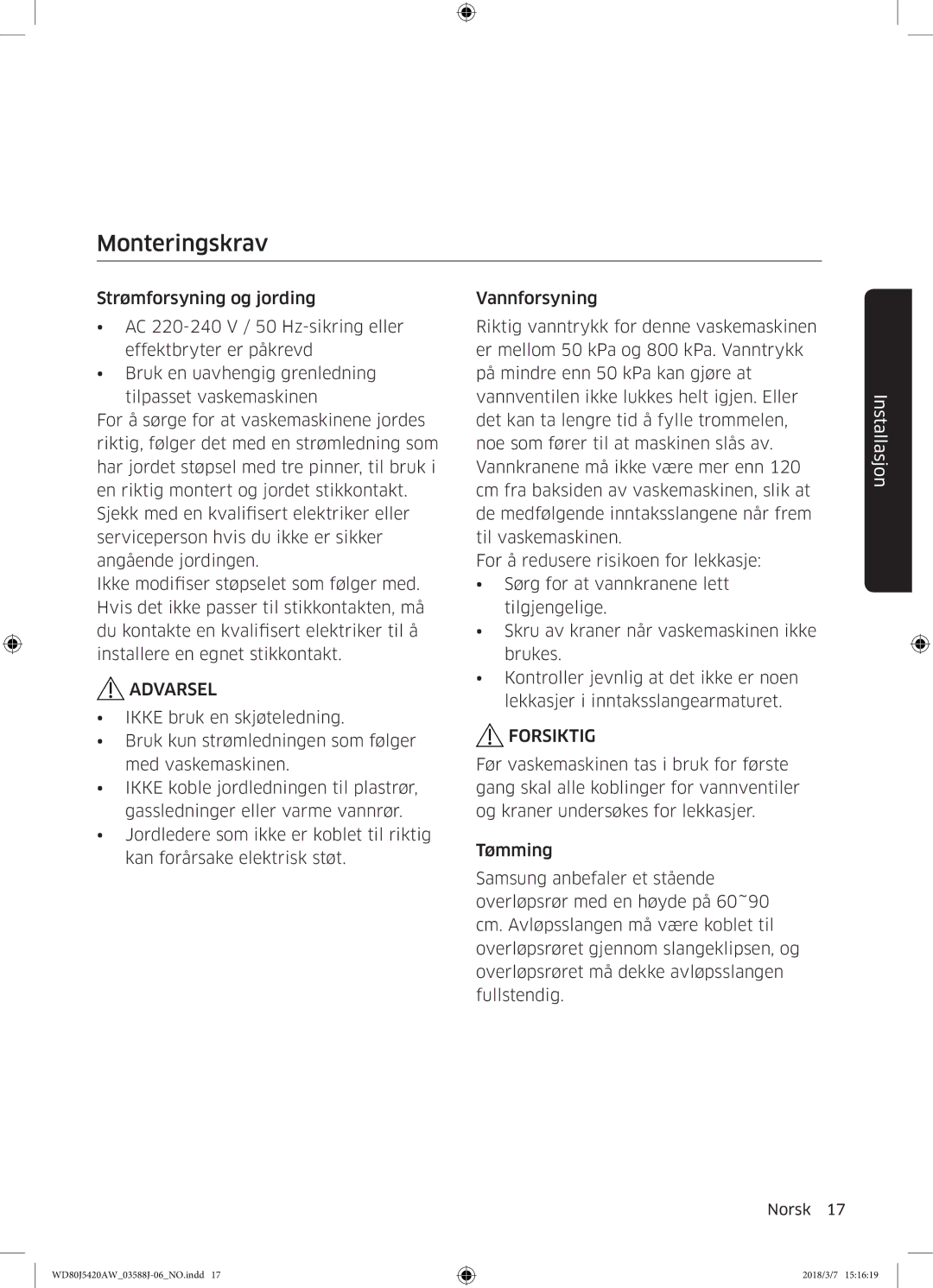 Samsung WD80J5420AW/EE manual Monteringskrav, Forsiktig 