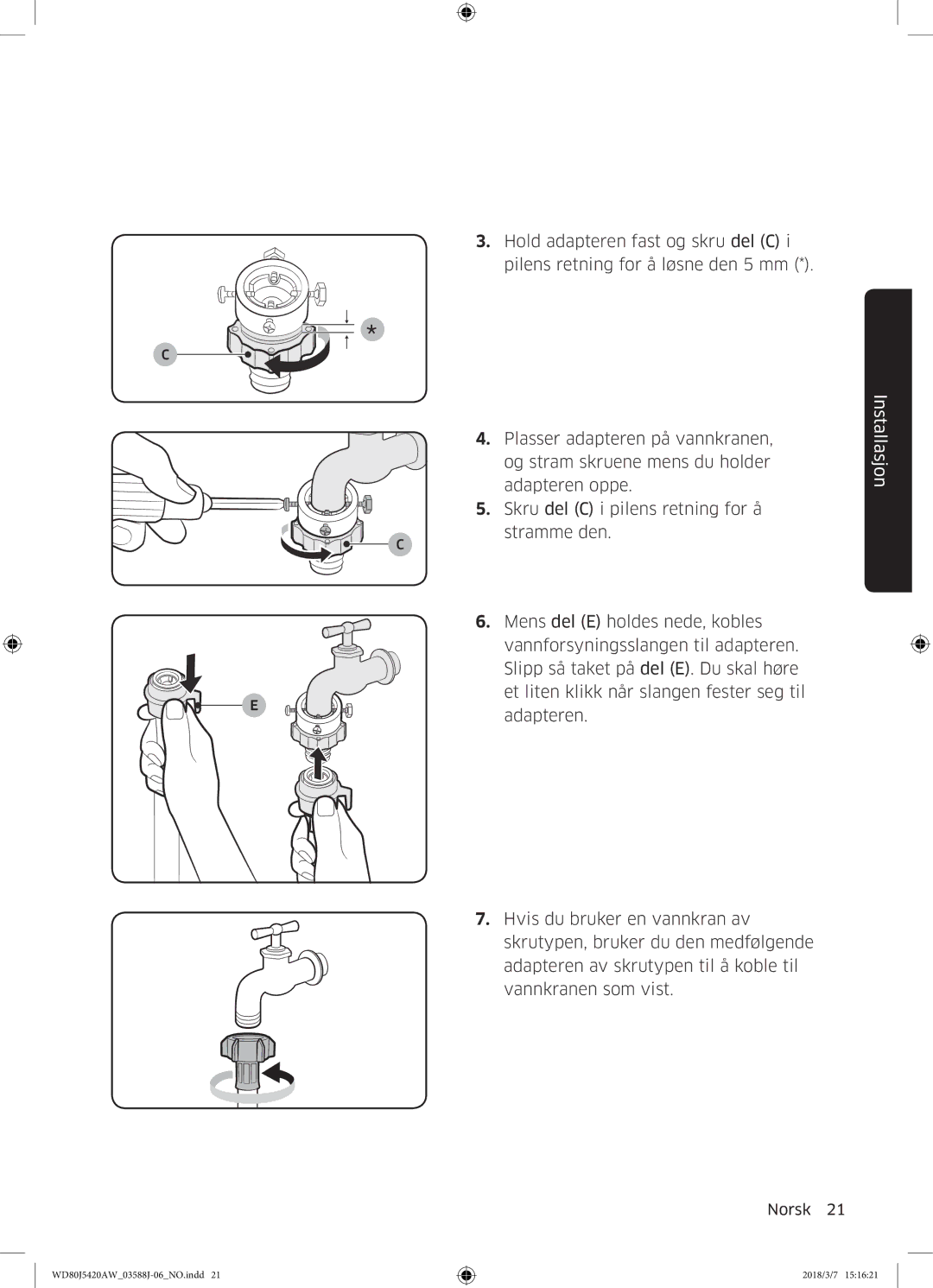 Samsung WD80J5420AW/EE manual Installasjon 