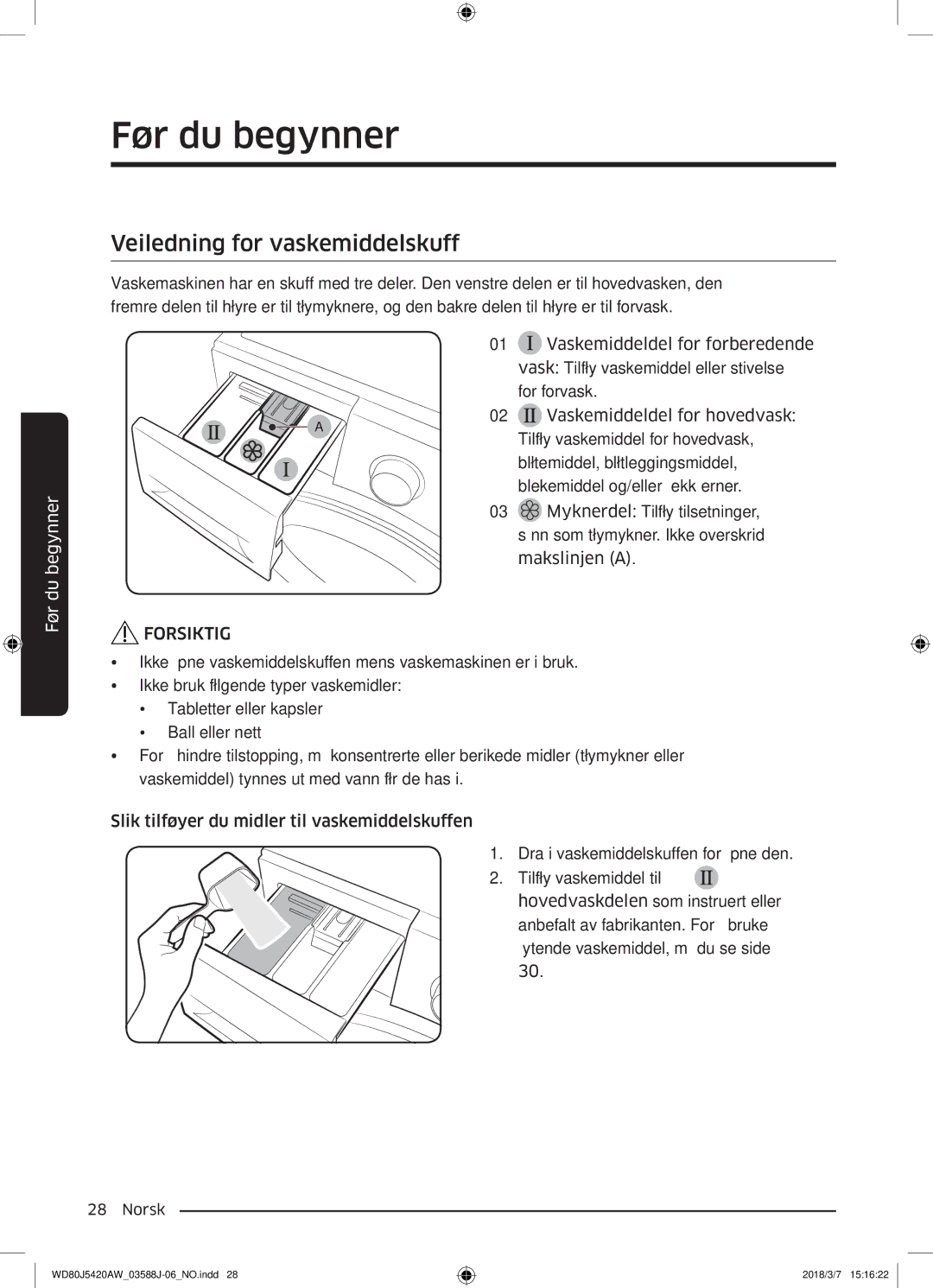 Samsung WD80J5420AW/EE manual Veiledning for vaskemiddelskuff 