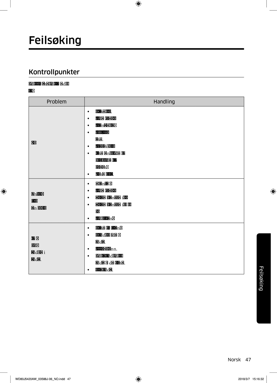 Samsung WD80J5420AW/EE manual Feilsøking, Kontrollpunkter 