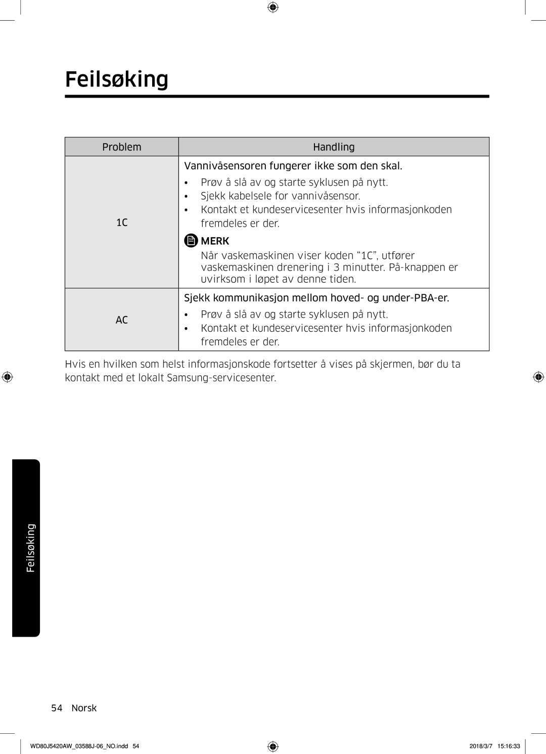 Samsung WD80J5420AW/EE manual Når vaskemaskinen viser koden 1C, utfører 