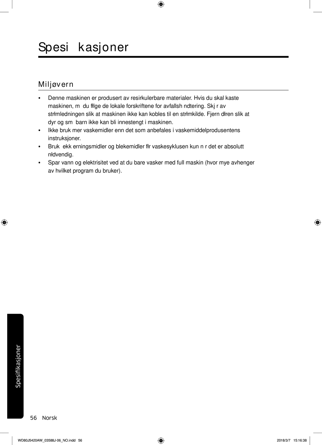 Samsung WD80J5420AW/EE manual Miljøvern 