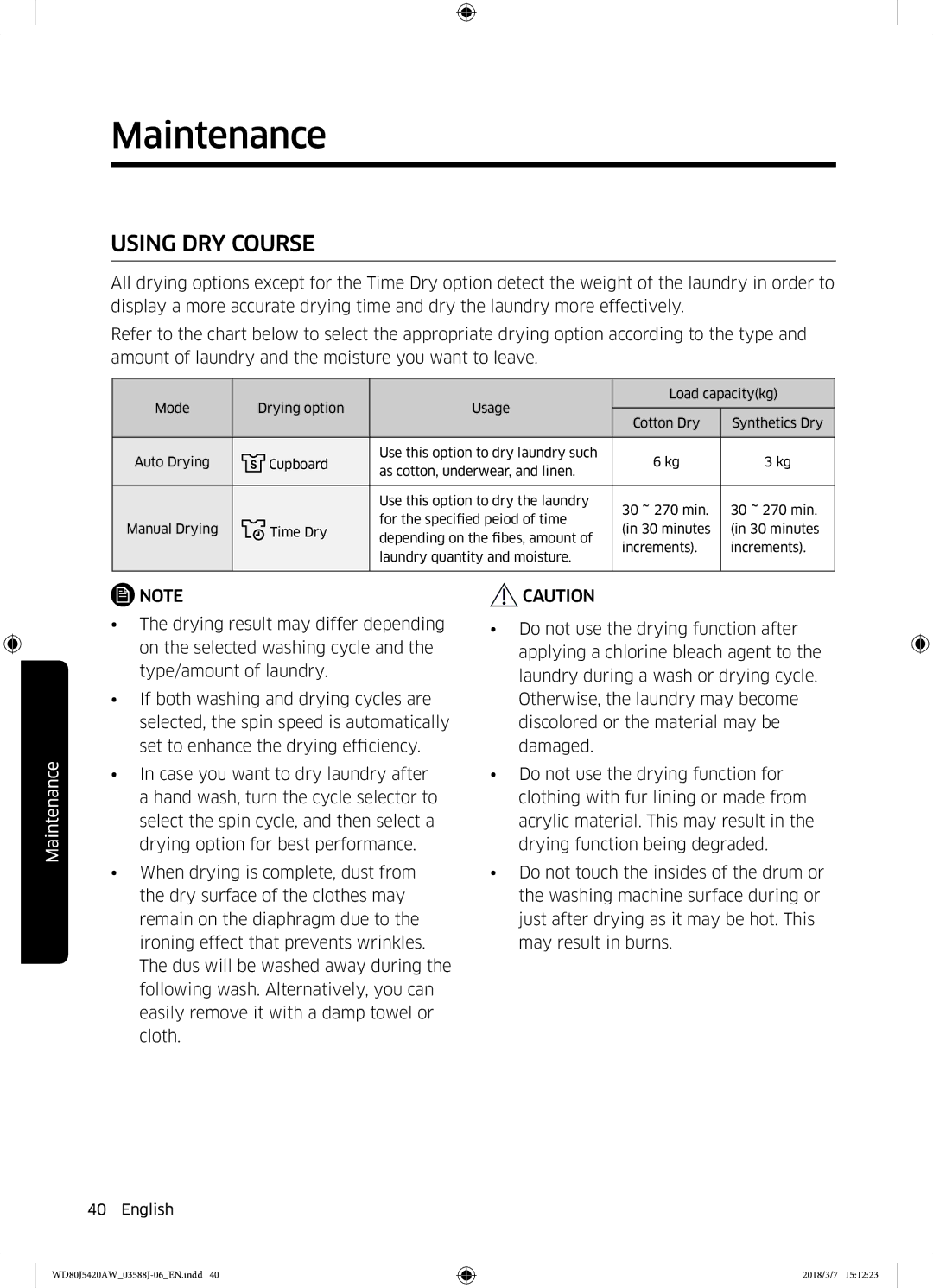 Samsung WD80J5420AW/EE manual Using DRY Course 