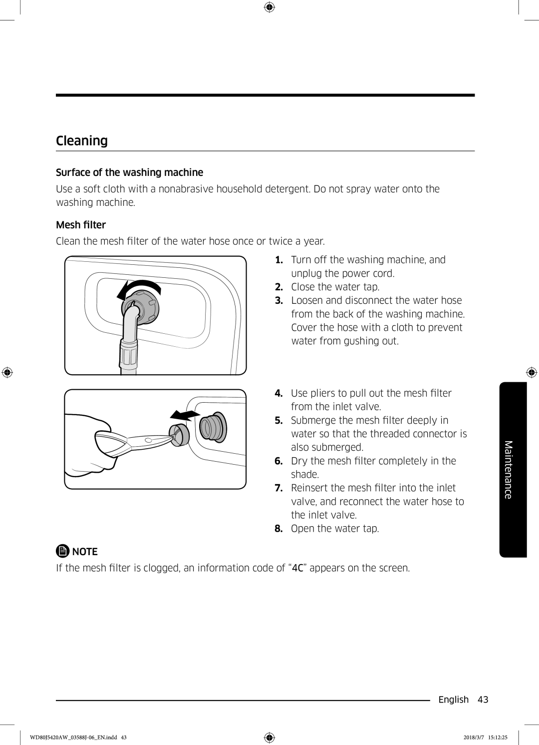 Samsung WD80J5420AW/EE manual Cleaning 