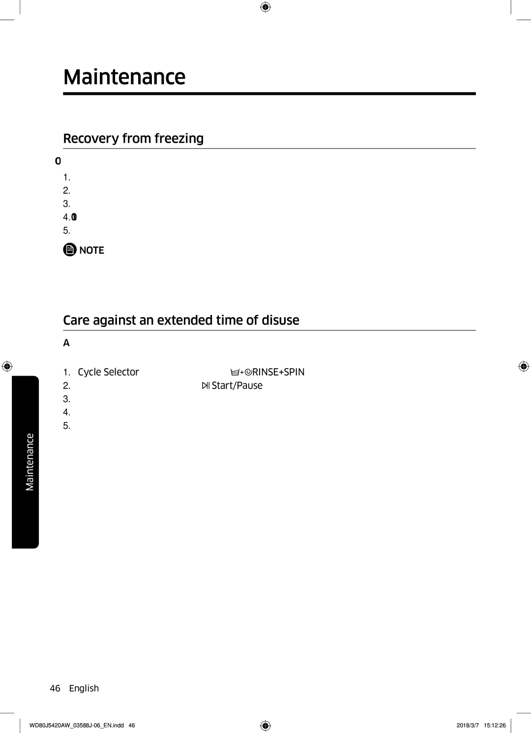 Samsung WD80J5420AW/EE manual Recovery from freezing, Care against an extended time of disuse 