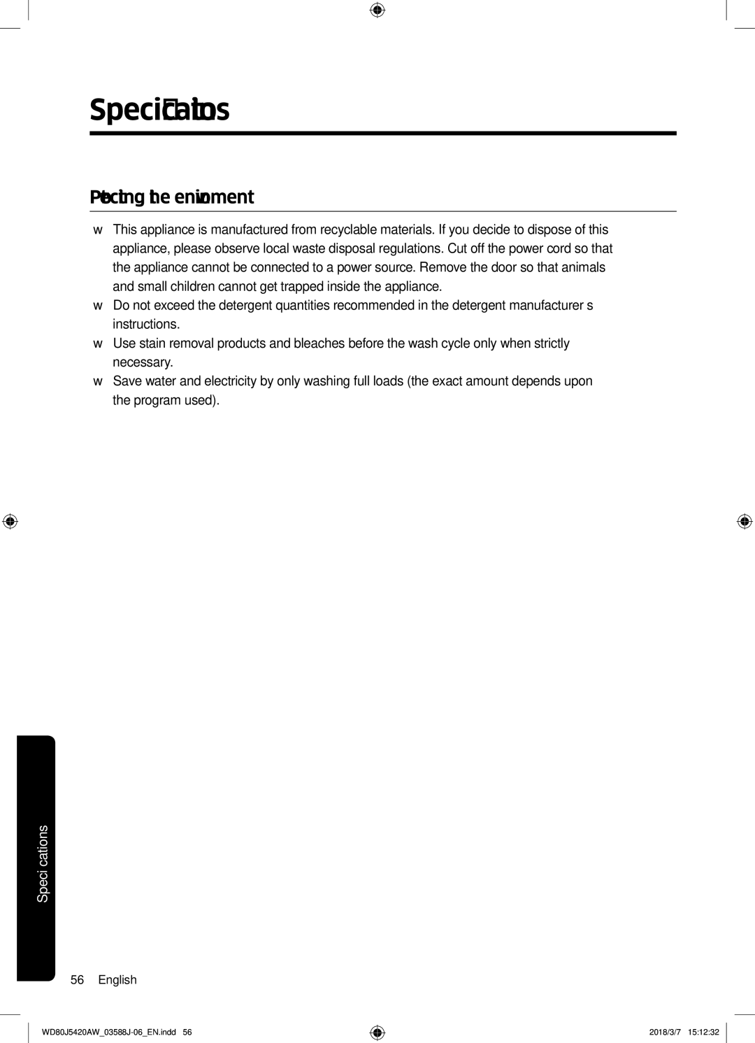 Samsung WD80J5420AW/EE manual Protecting the environment 