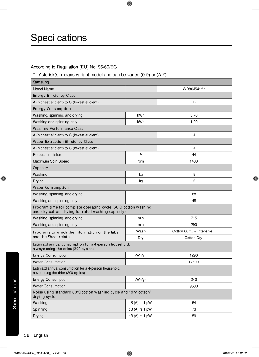 Samsung WD80J5420AW/EE manual Specifications 