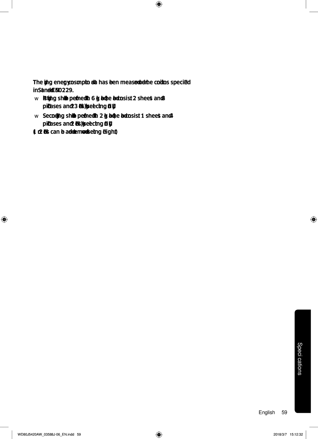 Samsung WD80J5420AW/EE manual FicationsSpeci 