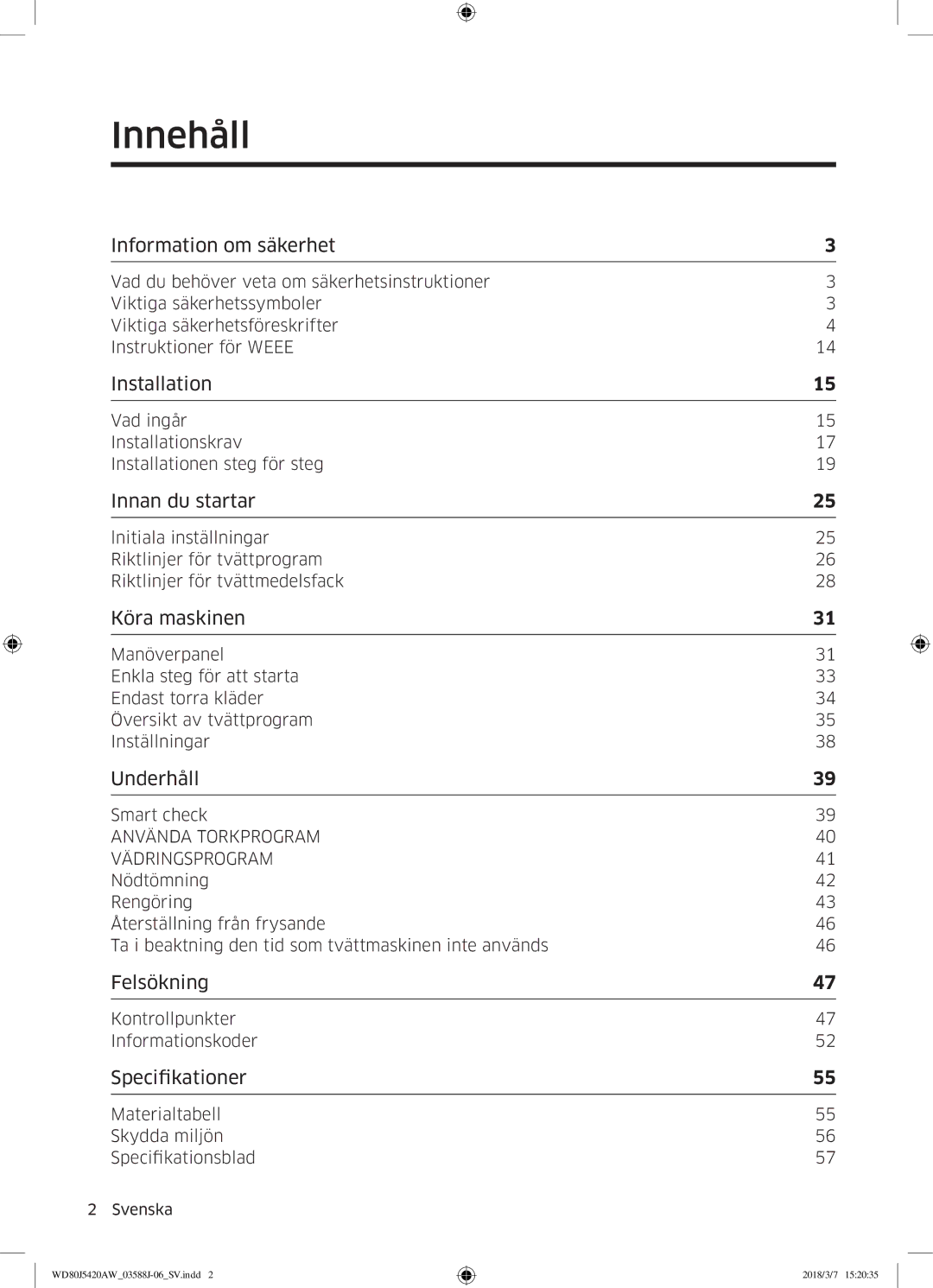 Samsung WD80J5420AW/EE manual Innehåll, Information om säkerhet 