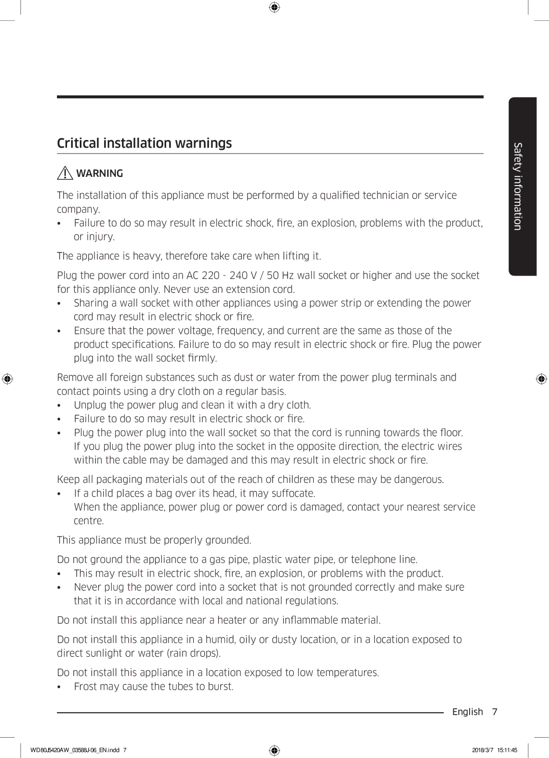 Samsung WD80J5420AW/EE manual Critical installation warnings 