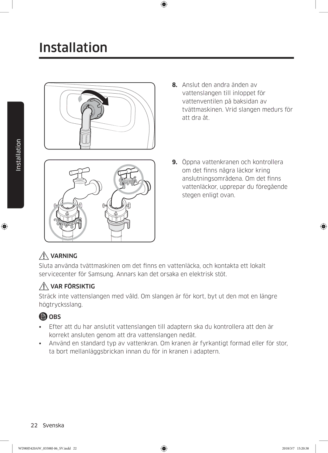 Samsung WD80J5420AW/EE manual Varning 