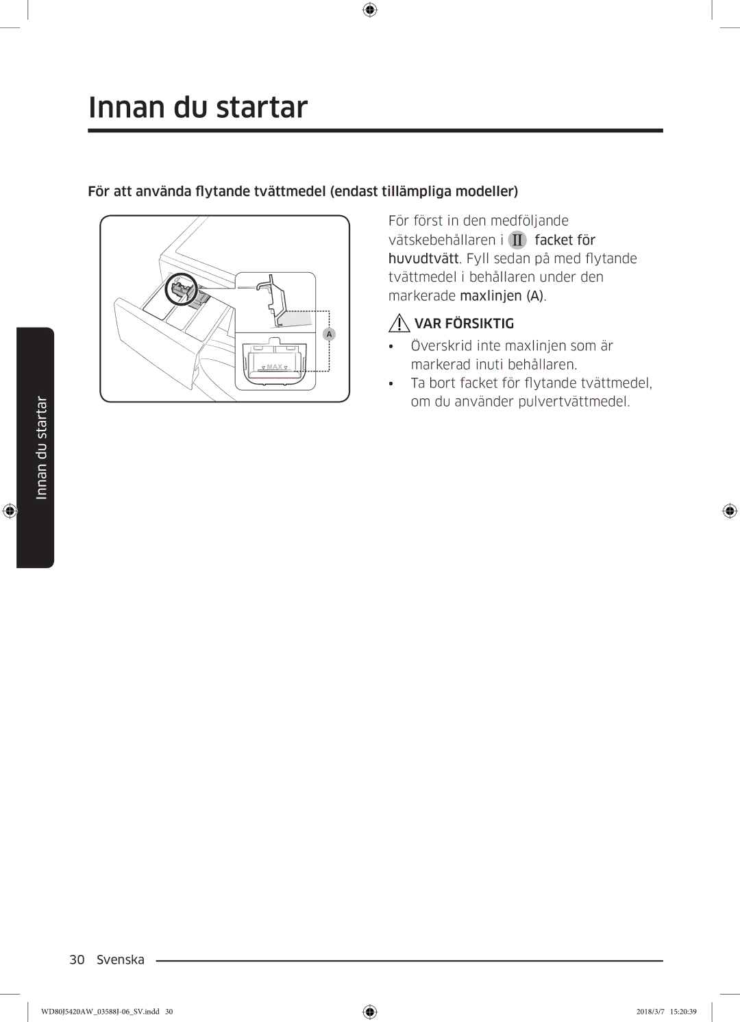 Samsung WD80J5420AW/EE manual Innan du startar 