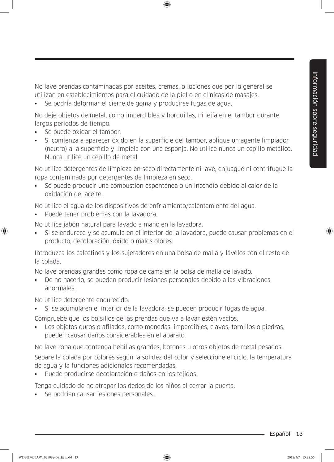 Samsung WD80J5430AW/EC manual Información sobre seguridad 