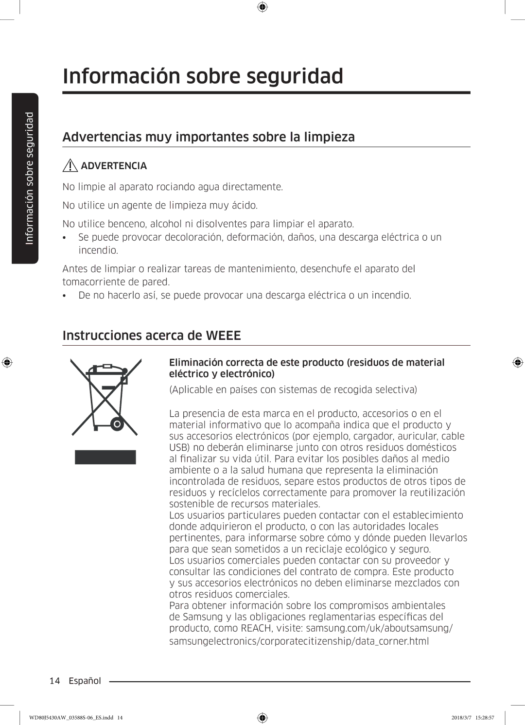 Samsung WD80J5430AW/EC manual Advertencias muy importantes sobre la limpieza, Instrucciones acerca de Weee 