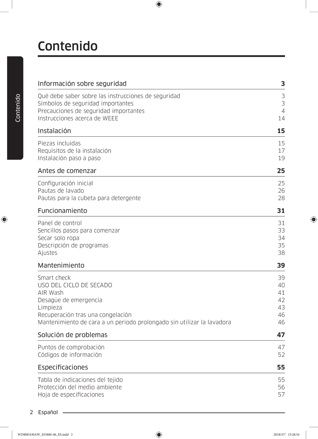 Samsung WD80J5430AW/EC manual Contenido, Información sobre seguridad 