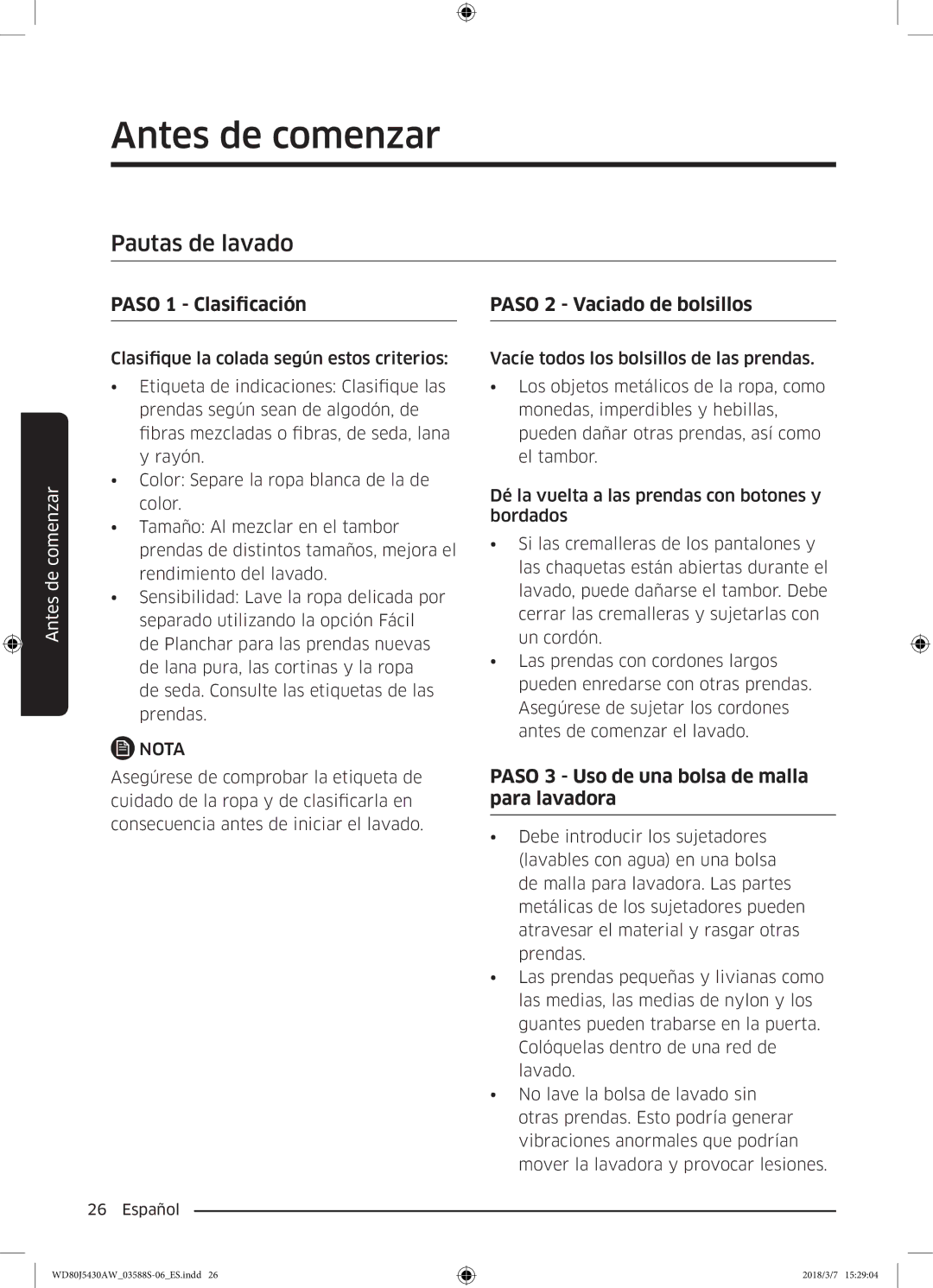 Samsung WD80J5430AW/EC manual Pautas de lavado, Paso 1 Clasificación Paso 2 Vaciado de bolsillos 