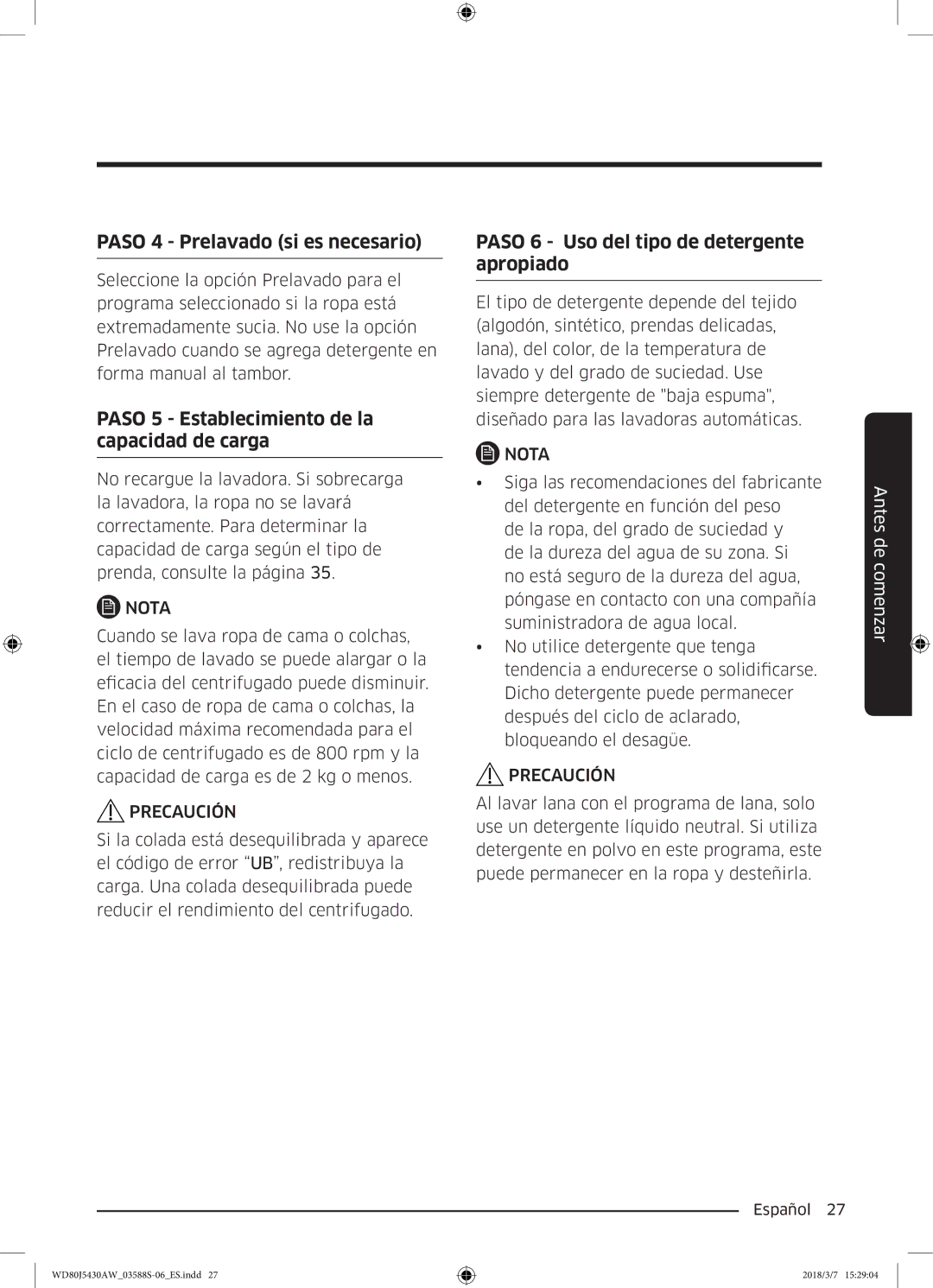 Samsung WD80J5430AW/EC manual Paso 4 Prelavado si es necesario 