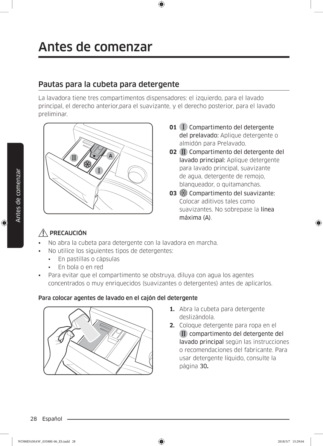 Samsung WD80J5430AW/EC manual Pautas para la cubeta para detergente 