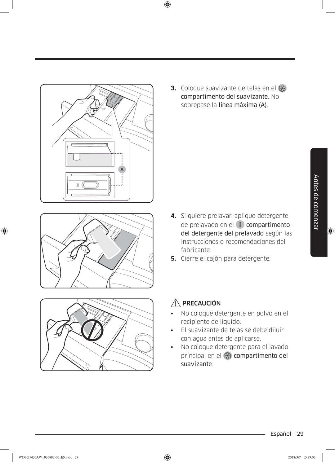 Samsung WD80J5430AW/EC manual Precaución 