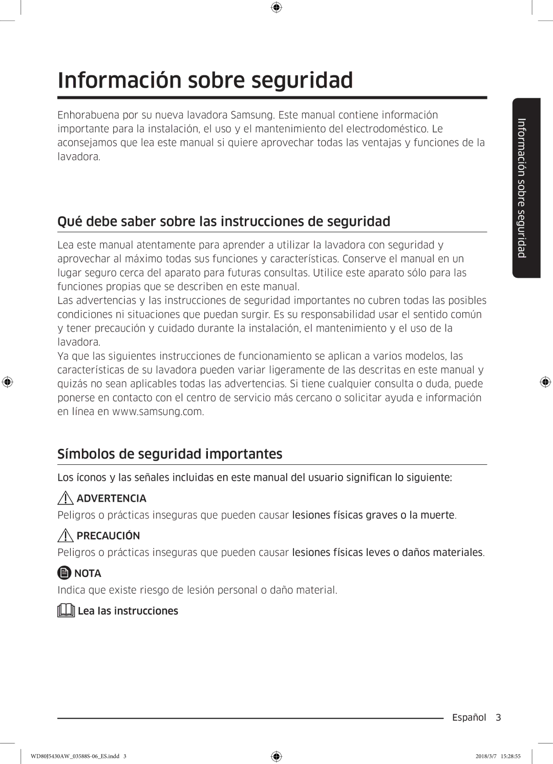 Samsung WD80J5430AW/EC manual Información sobre seguridad, Qué debe saber sobre las instrucciones de seguridad 