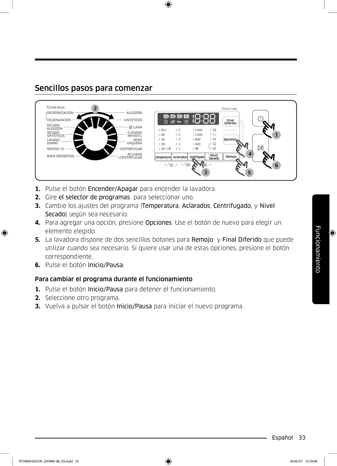 Samsung WD80J5430AW/EC manual Sencillos pasos para comenzar 