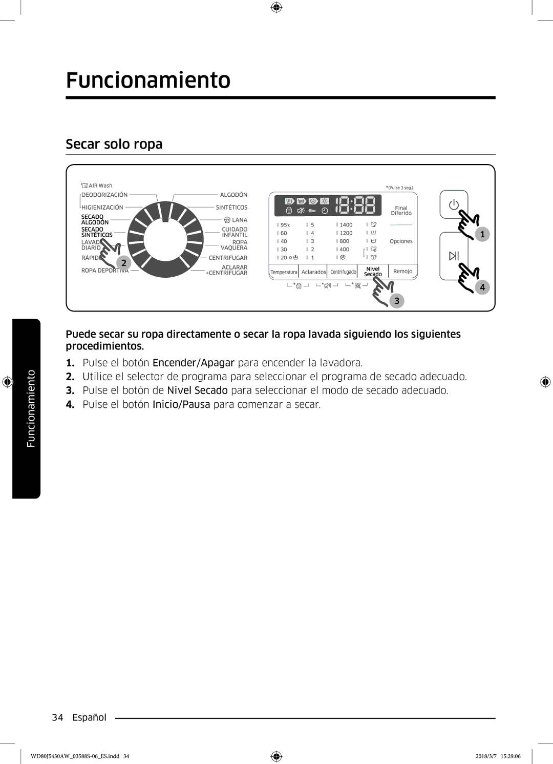 Samsung WD80J5430AW/EC manual Secar solo ropa 