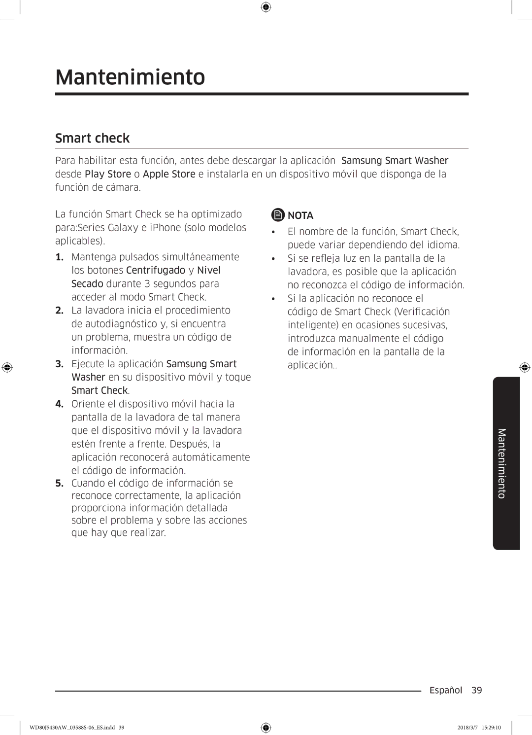 Samsung WD80J5430AW/EC manual Mantenimiento, Smart check 