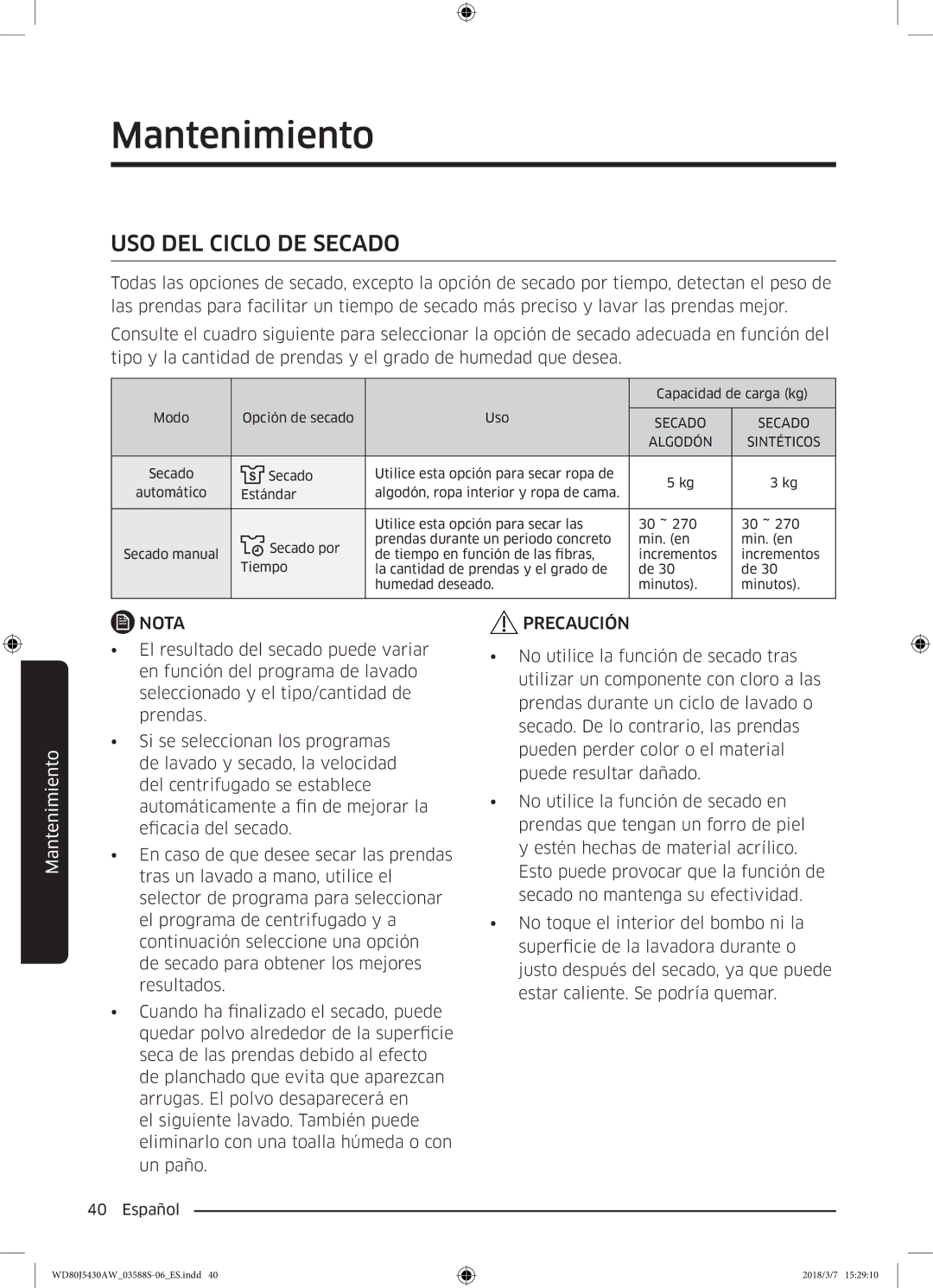 Samsung WD80J5430AW/EC manual USO DEL Ciclo DE Secado 