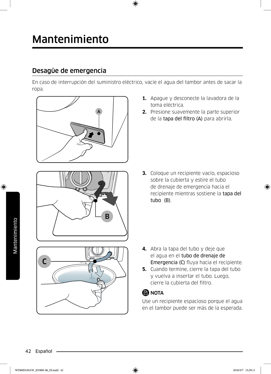 Samsung WD80J5430AW/EC manual Desagüe de emergencia 