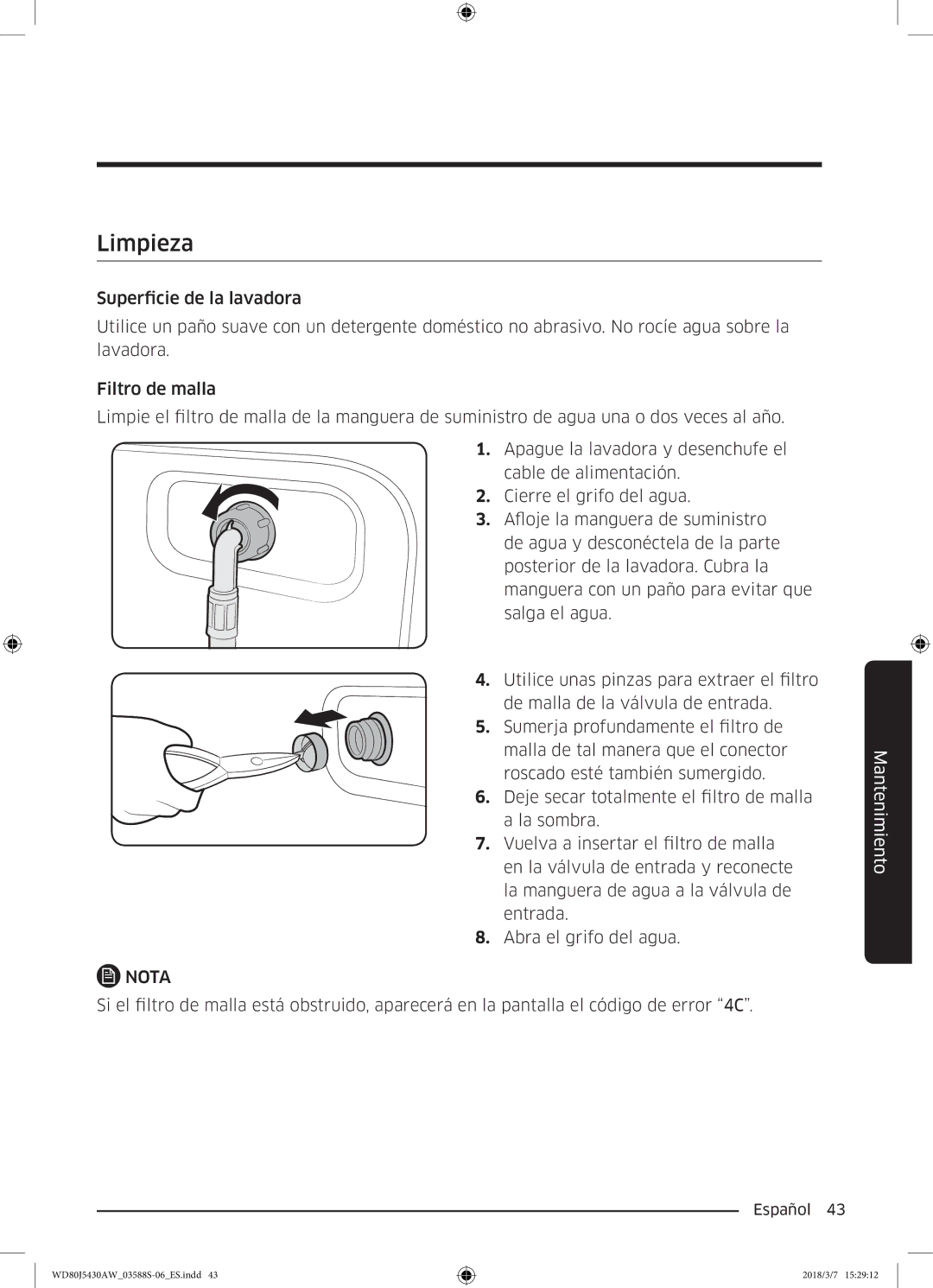 Samsung WD80J5430AW/EC manual Limpieza 