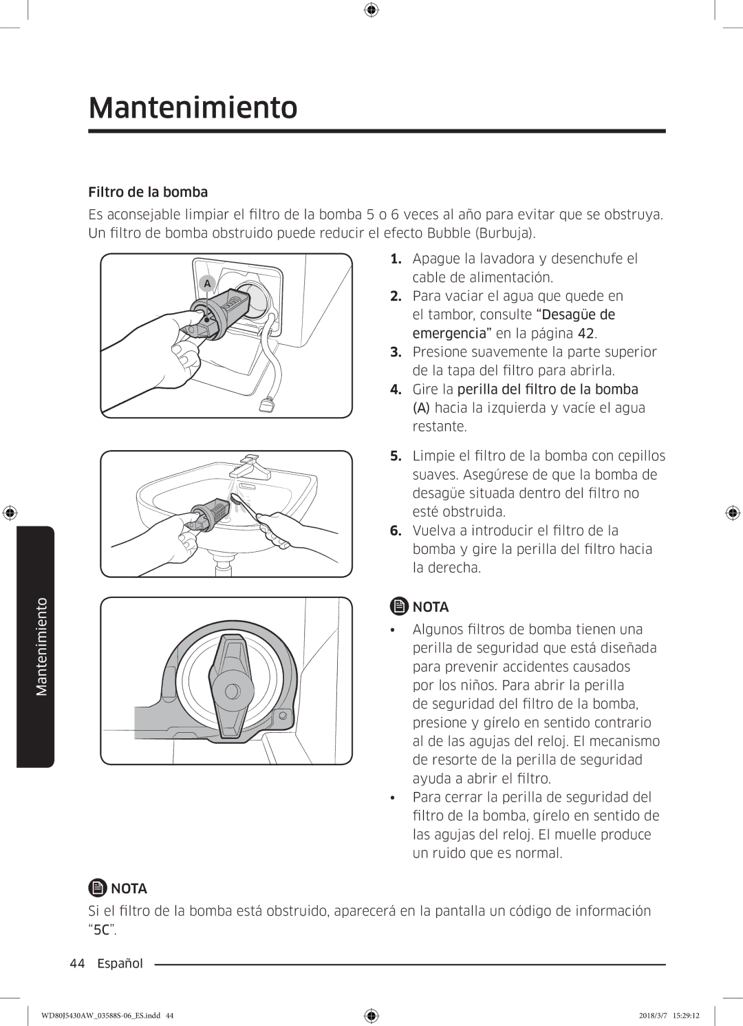 Samsung WD80J5430AW/EC manual Algunos filtros de bomba tienen una 