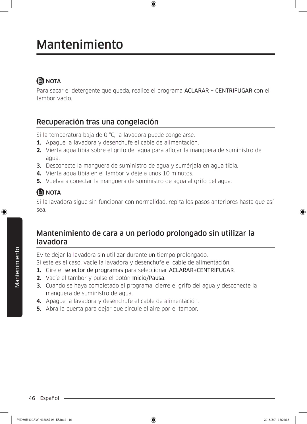 Samsung WD80J5430AW/EC manual Recuperación tras una congelación 