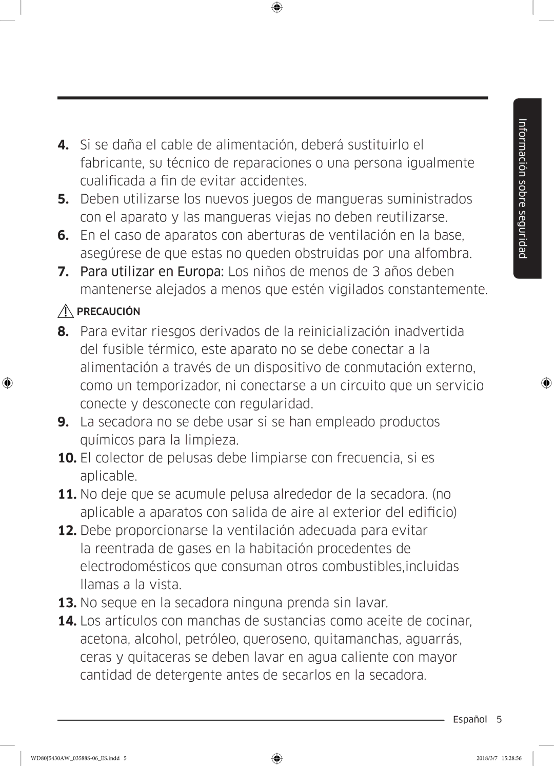 Samsung WD80J5430AW/EC manual Precaución 