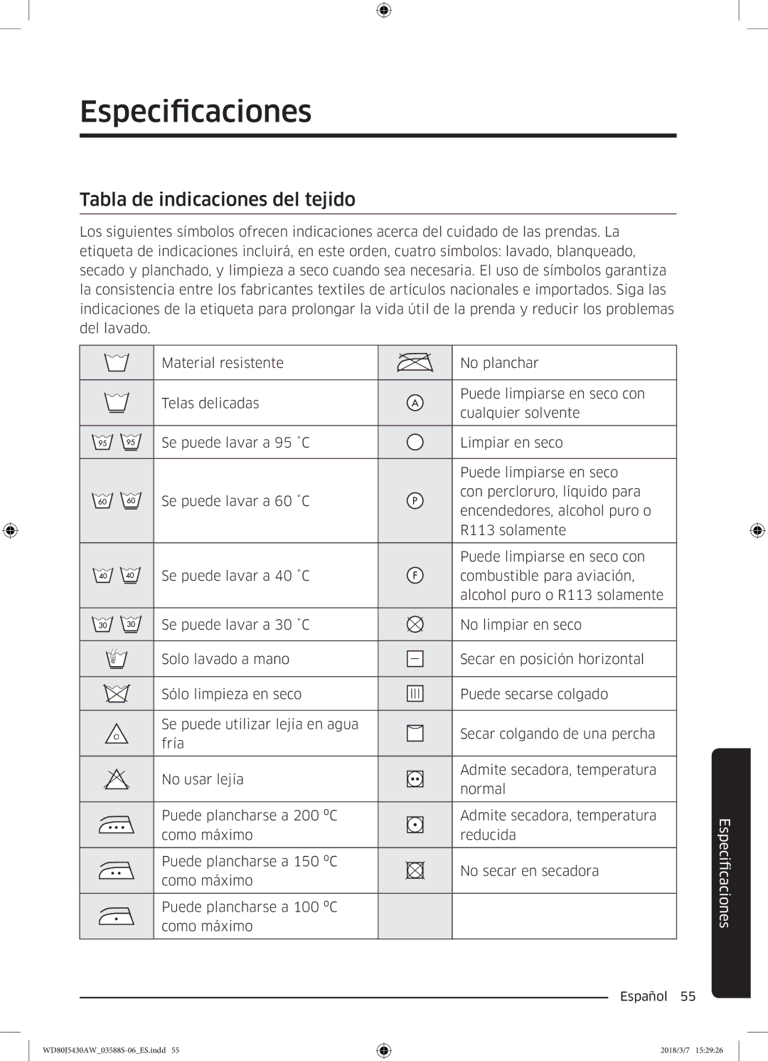 Samsung WD80J5430AW/EC manual Especificaciones, Tabla de indicaciones del tejido 