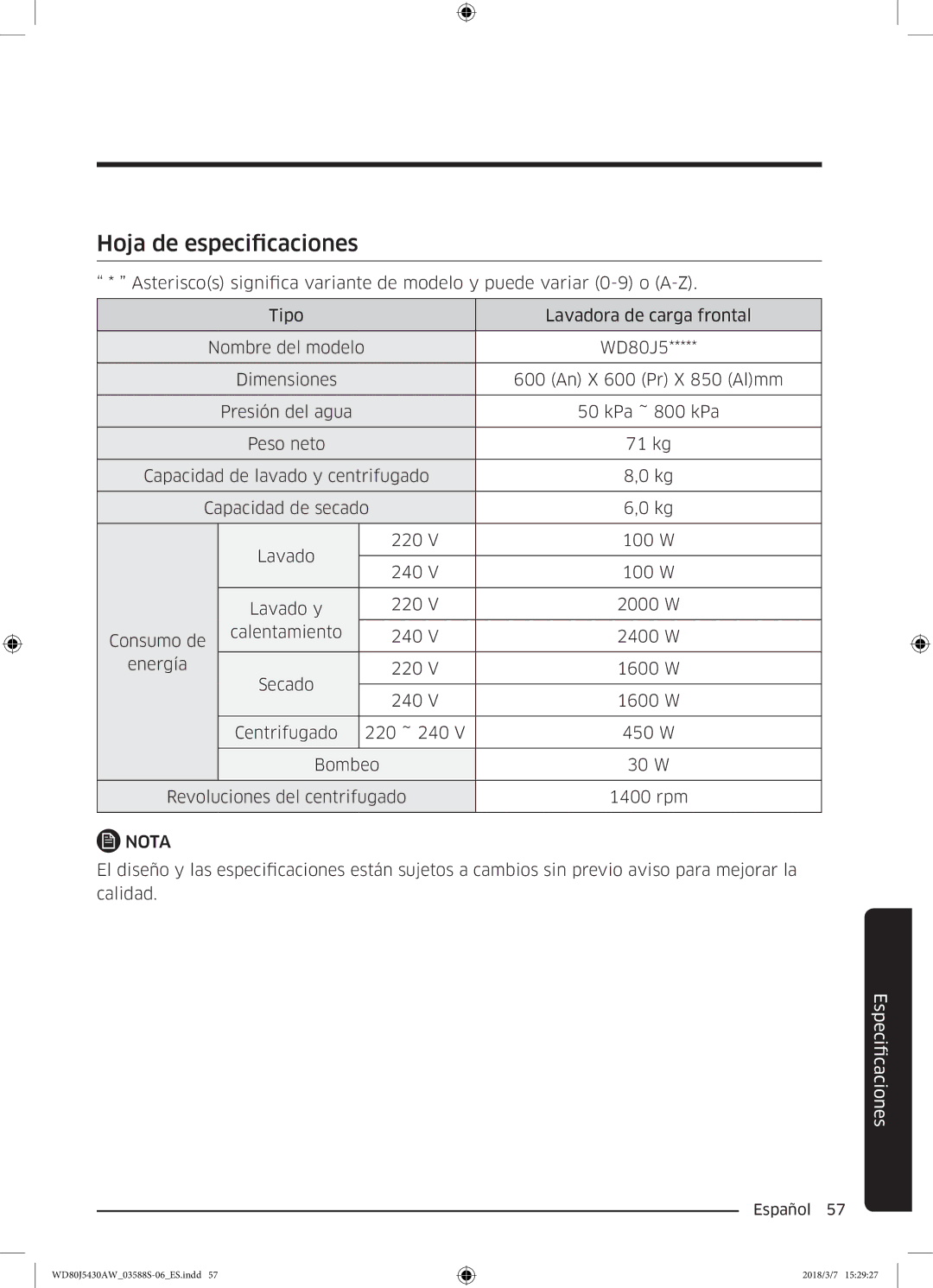 Samsung WD80J5430AW/EC manual Hoja de especificaciones 